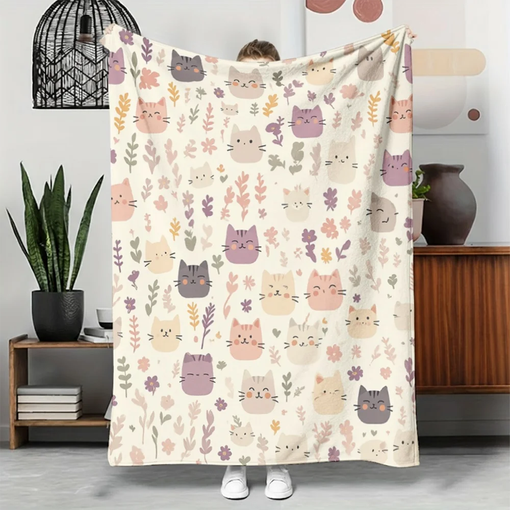 Cute Pastel Kawaii Cat Floral Print Soft Fleece Blanket for Bedroom Living Room Dorm Decor (1pc) 1005012467806246