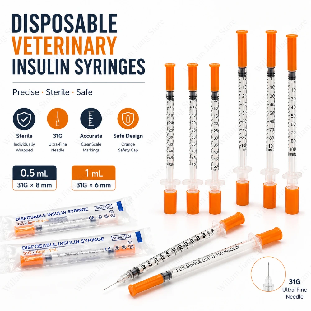 1/100PCS Disposable Sterile Plastic Veterinary Syringe 0.5/1ml with Orange Cap Needles Daily 1005012471501828