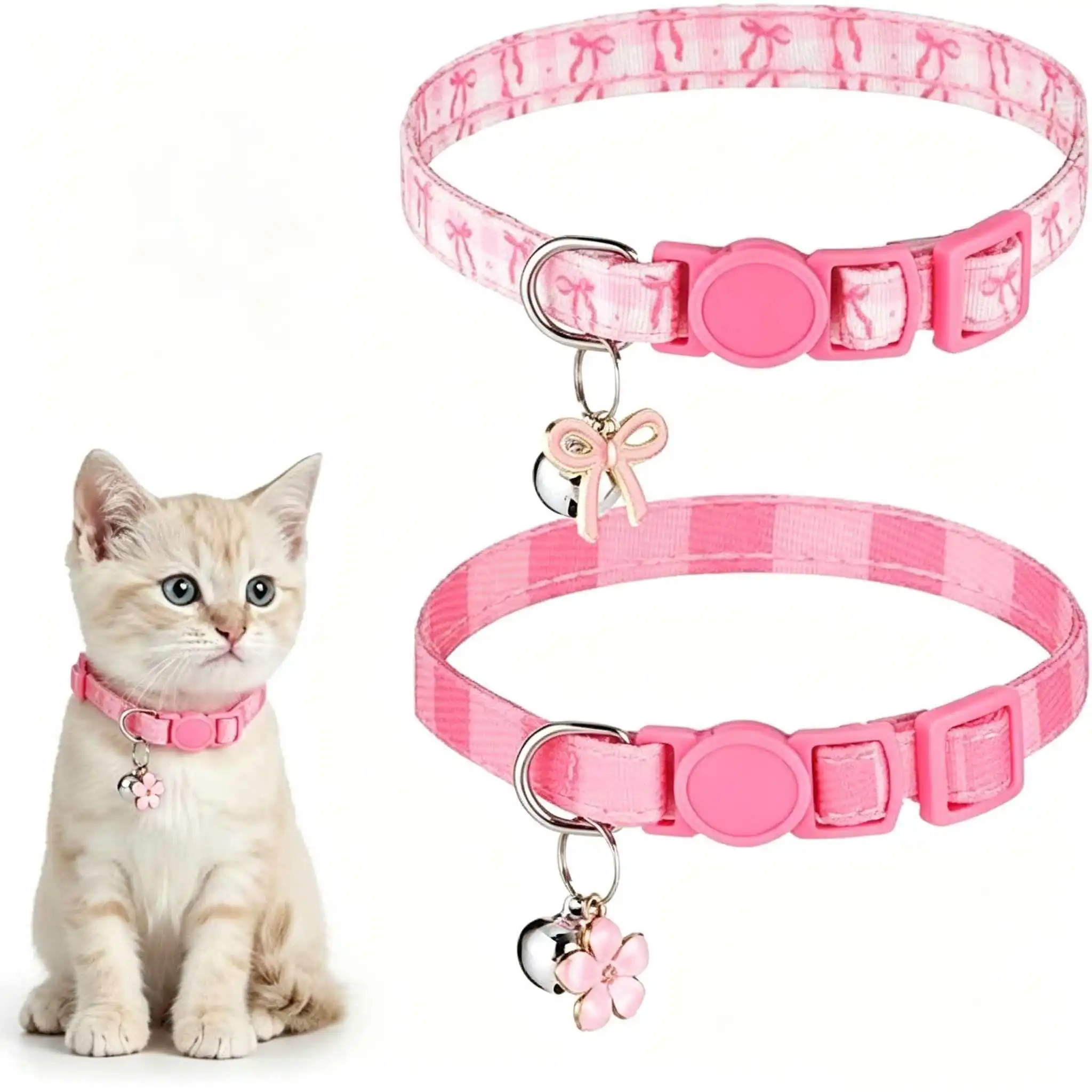 Pink Cat Collar with Bell, Bow and Flower Pendant 1005012474837338