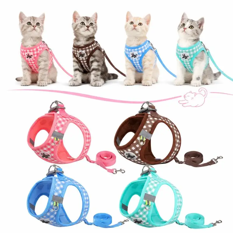 Cat Harness and Leash Set Plaid Soft Breathable Vest Style Adjustable Walking Strap for Kitten 1005012477743043