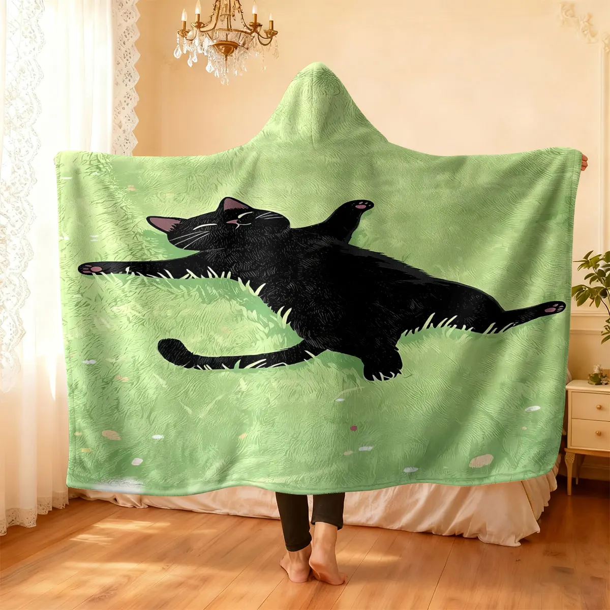 Cute Grassland Cat Printed Flannel Hoodie Wearable Cloak Blanket Soft Warm Multi Size Casual (1pc) 1005012480565007