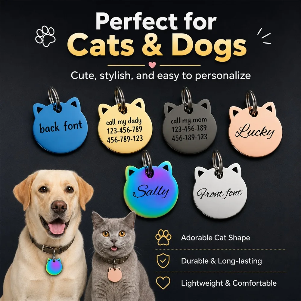 Cat Face Pet Tag Personalized Carved Stainless Steel ID Tag Smooth Polished Anti-Lost Charm Cat 1005012484336107