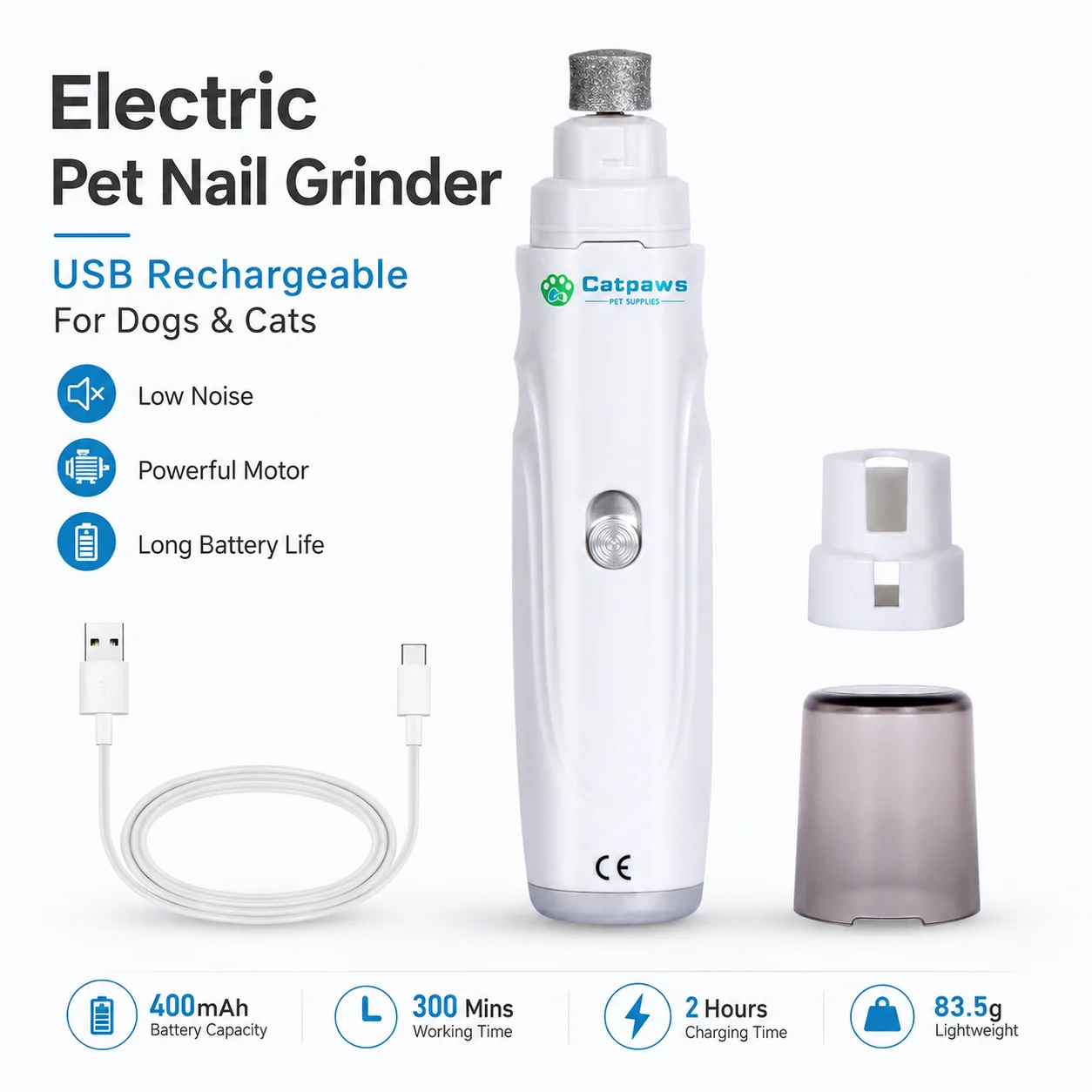 Pet Nail Grinder USB Rechargeable Low Noise Dog Cat Nail Trimmer Electric Paw Grooming Tool 1005012484404043