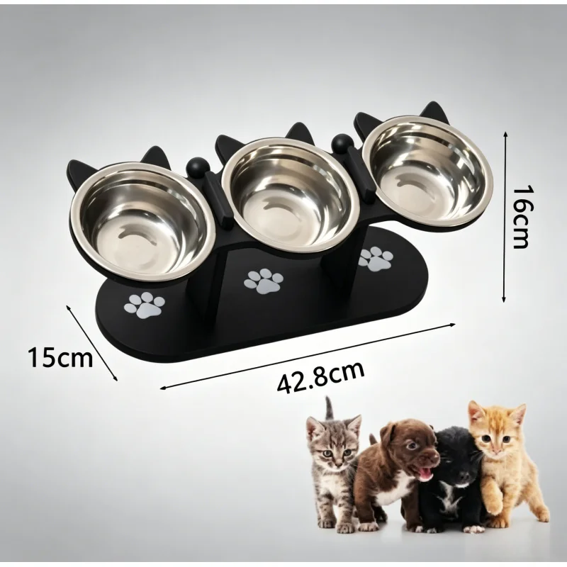 Tilted Elevated Cat Feeder Wooden Stand Stainless Steel Non-Slip Food Water Bowls for Indoor 1005012485450901