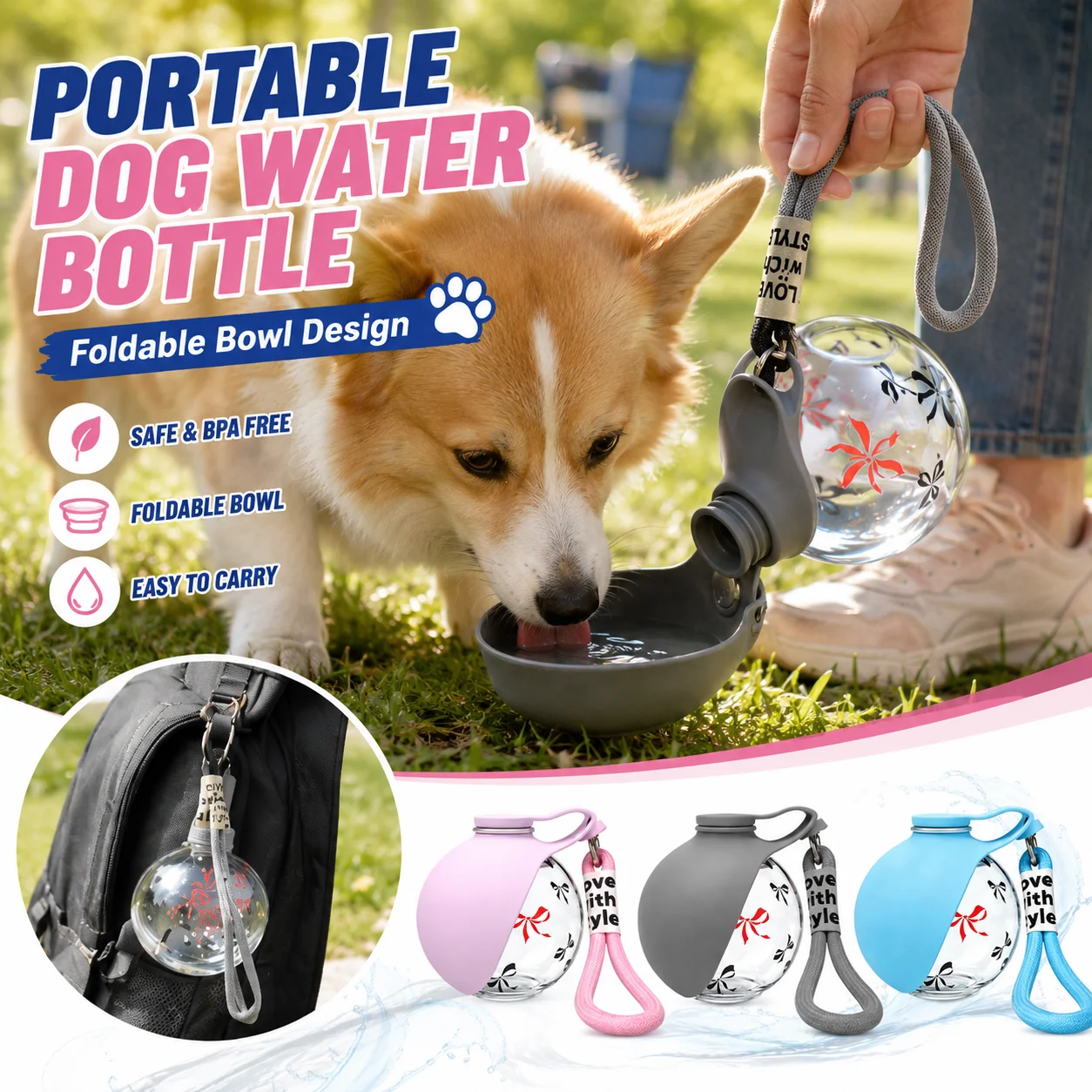 Portable Dog Travel Water Bottle 545ml Foldable Drinking Bowl Lightweight Clip-On Pet Water 1005012487008638