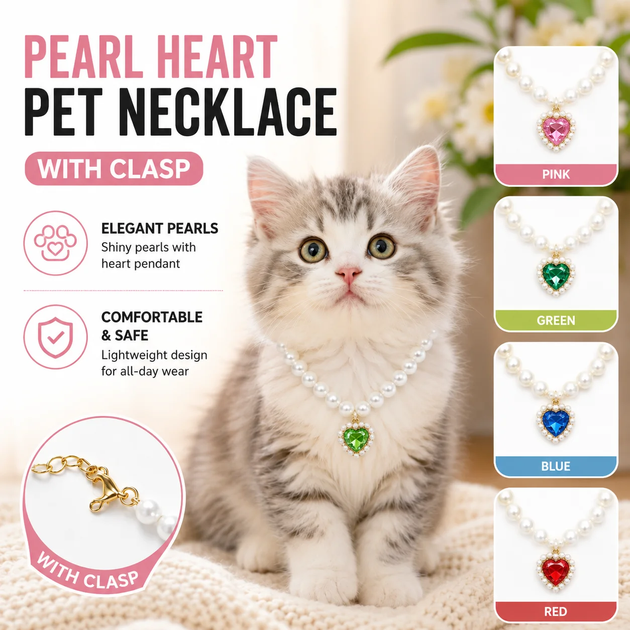 Cute Cat Dog Collar with Imitation Pearls Heart Pendant Gem Adjustable Necklace for Kittens Puppies 1005012487705471