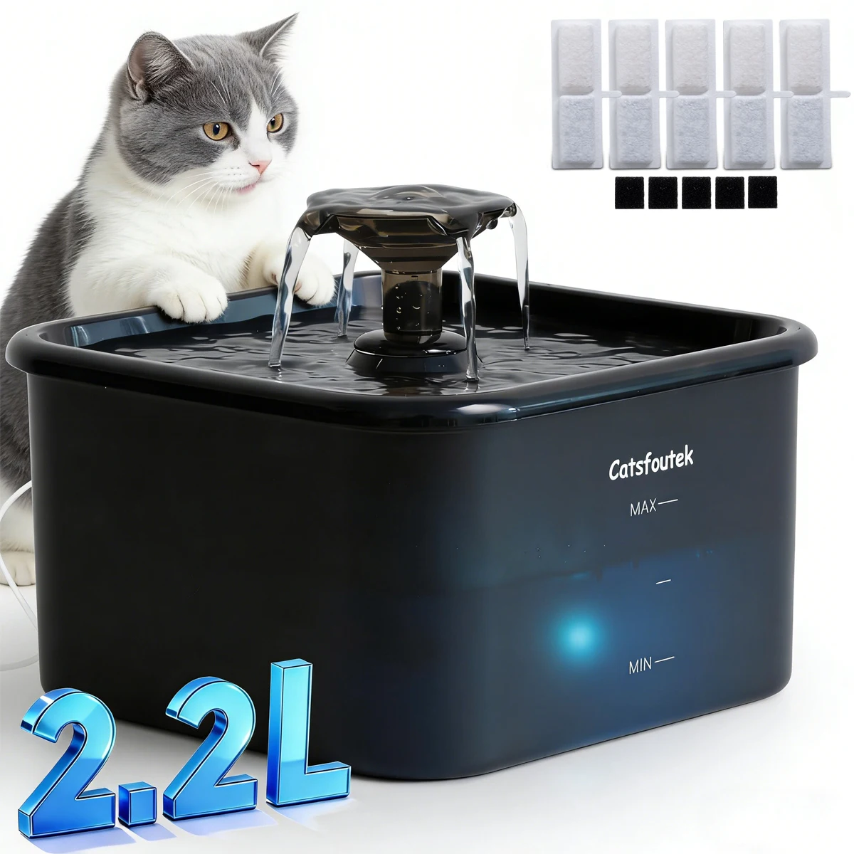 2.2l/74oz Cat Water Dispenser with Filter Element, Ultra-Quiet Pet Fountain, Blue Light Reminder 1005012490151152