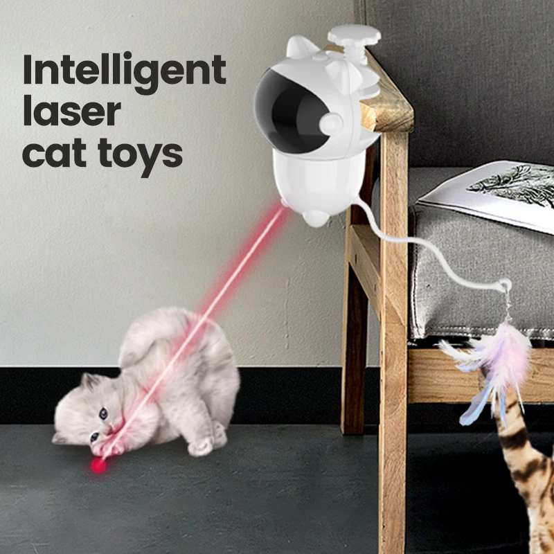 Automatic Cat Toy with Feather & Bell, 360° Random Rotation, Laser Interactive, 2 Speed Modes 1005012492431287