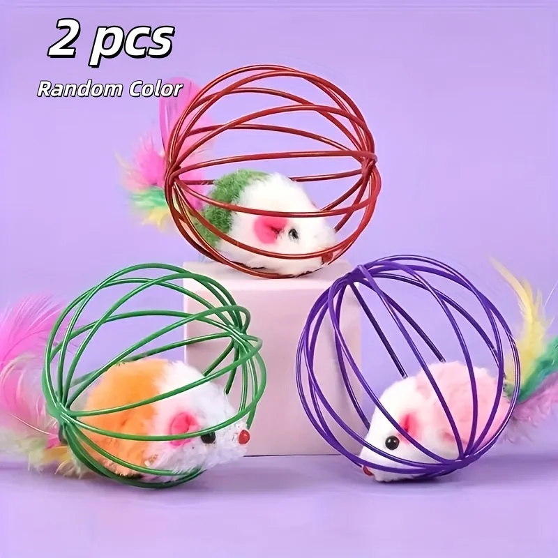 Caged Mouse Cage Cat Toy Wire Cage Mouse Colorful Simulation Feather Ribbon (2pcs) 1005012493492591
