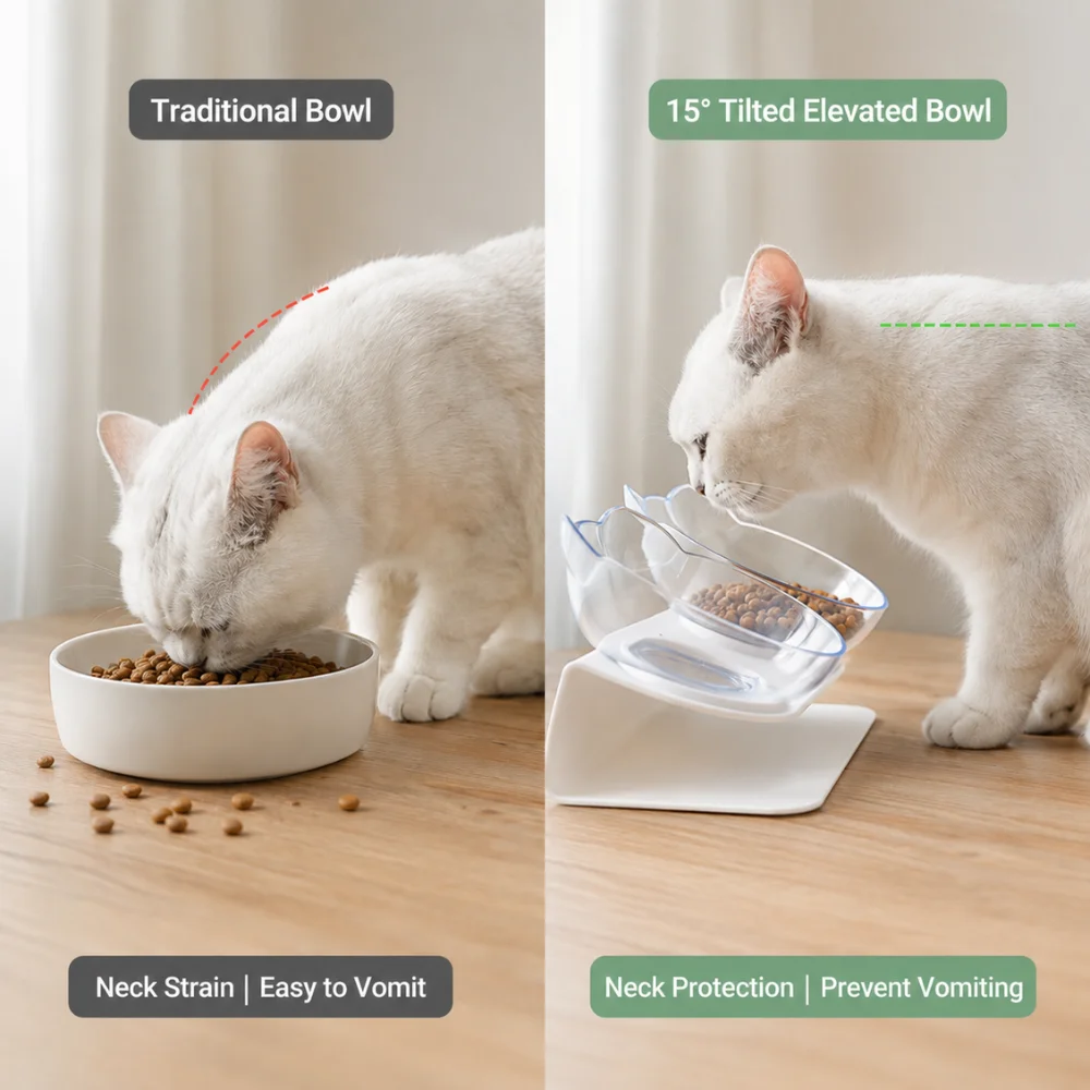 Degree Tilted Orthopedic Cat Bowl Cute Cat Ear Non-Slip Transparent Double Food Water Bowls 1005012494646523