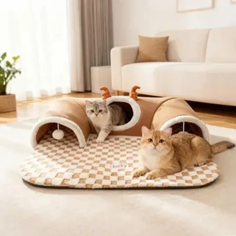 Winter Warm Cat Bed House with Tunnel, Soft Reindeer Shape Hideout 1005012498506727