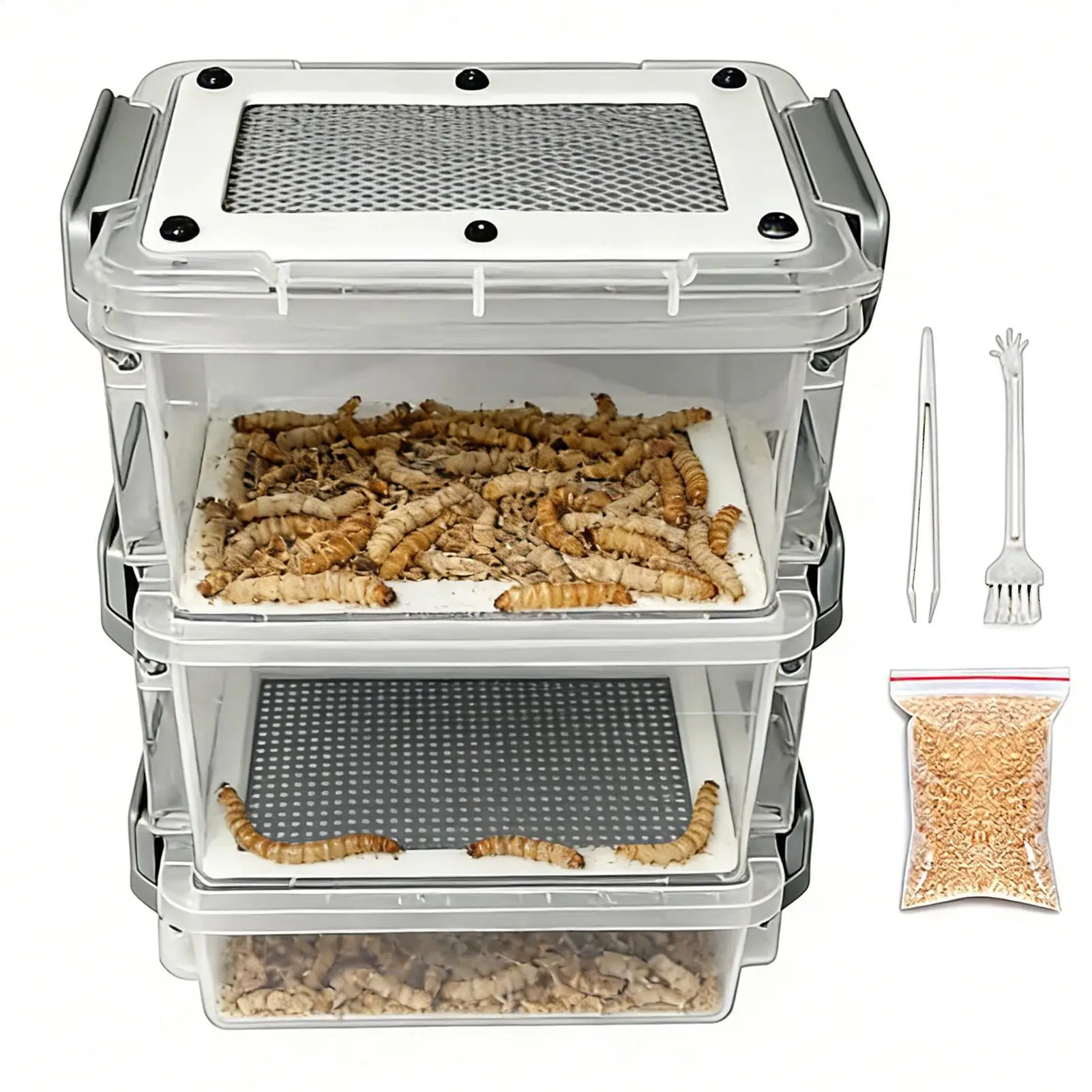 Mealworm Breeding Kit 3-Layer Silkworm Feeder Bin Corn Worm Breeder Box for Pet Parents Animal 1005012499513759