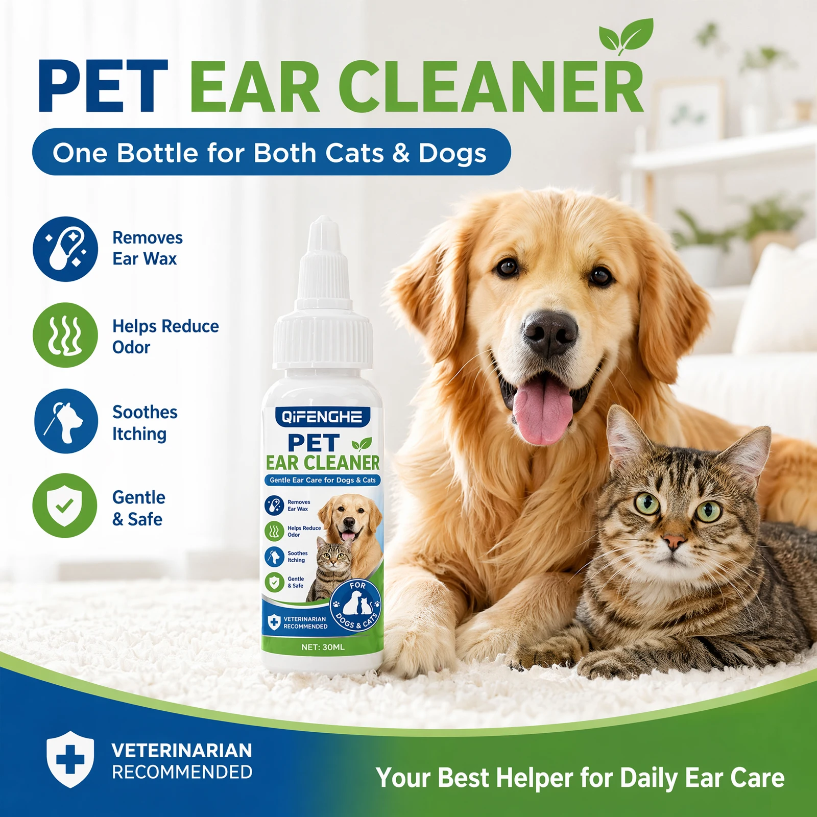 Pet Ear Cleaning Liquid 30ml, Gentle Safe Ear Wax Odor Itch Remover for Dogs & Cats Daily Ear Care 1005012500521568