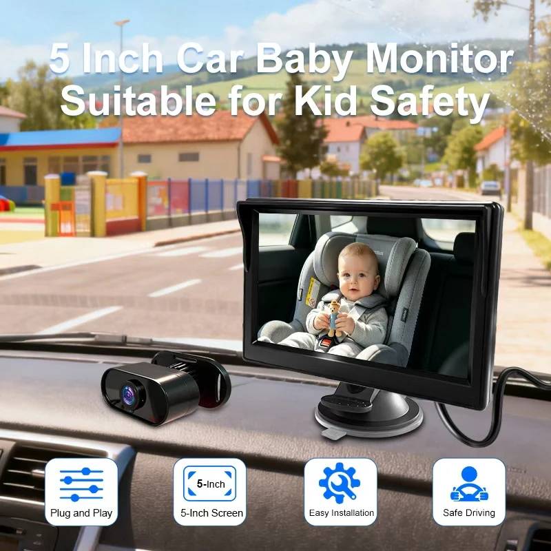 Plug and Play Easy Setup 5 Inch HD Car Baby Monitor 360° Rotatable Lens Rear Facing Infant Car 1005012502918805
