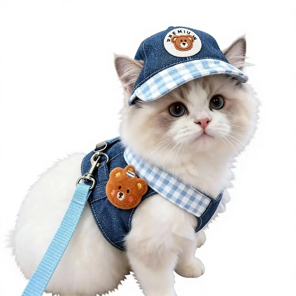 Cute Denim Dog Harness and Leash Set with Hat 1005012503181319