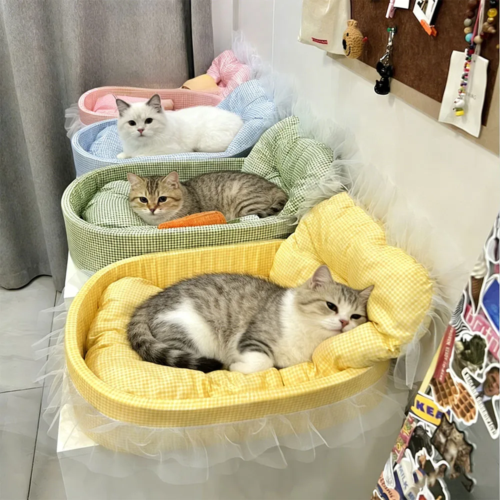Cute Lace-Trimmed Pet Cat Princess Sofa Bed for Four Seasons Washable and Removable Soft Plush Oval 1005012514728876