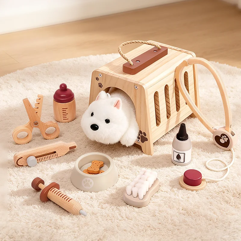 Wooden Pet Doctor Play Set for Kids, Veterinary Role Play Toy with Plush Dog, Pet Carrier 1005012515269242