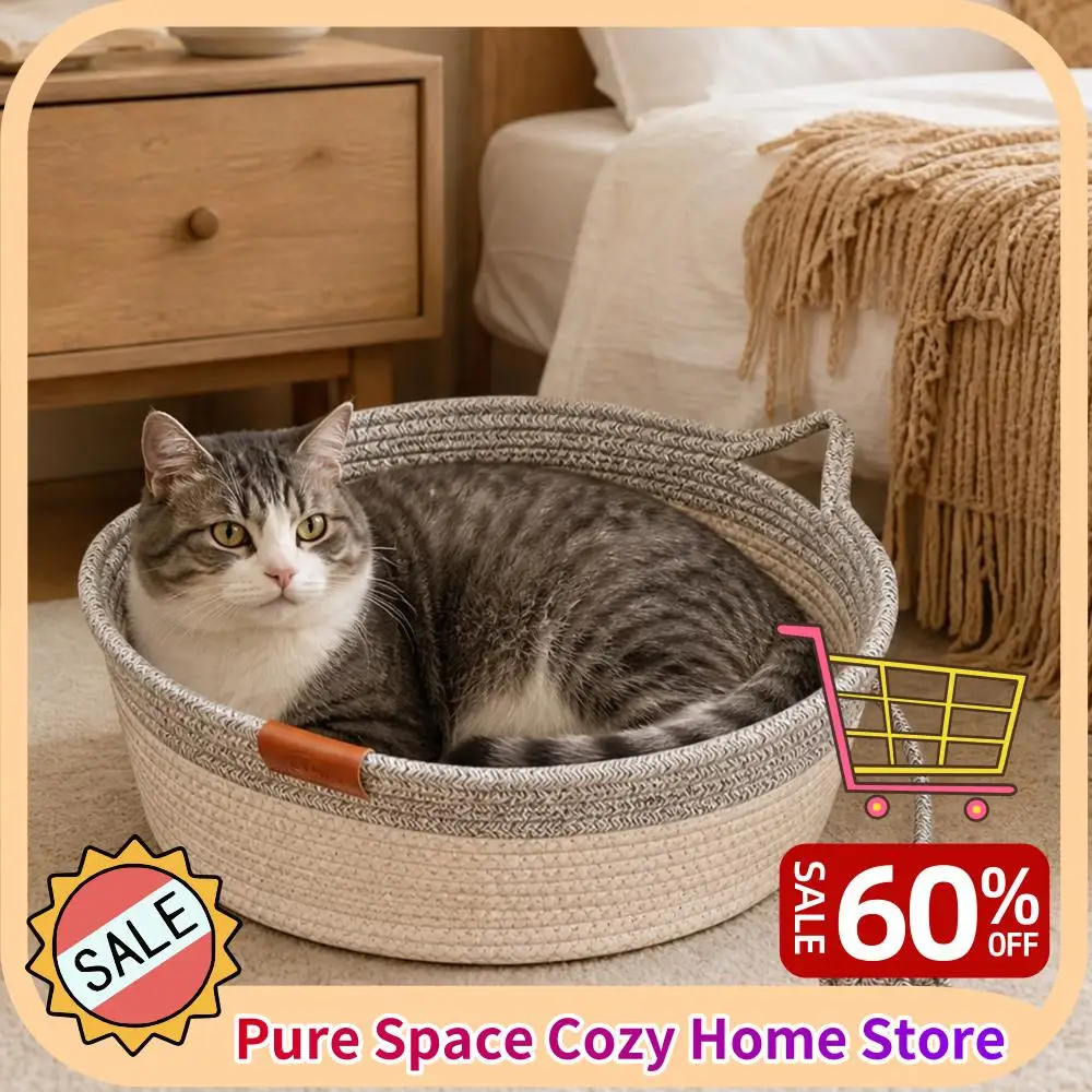 Japanese Pet Cat Bed Round Hand Woven Rattan Cat Beds Summer Cooling Kitten Basket Cotton Rope Cat 1005012515633229