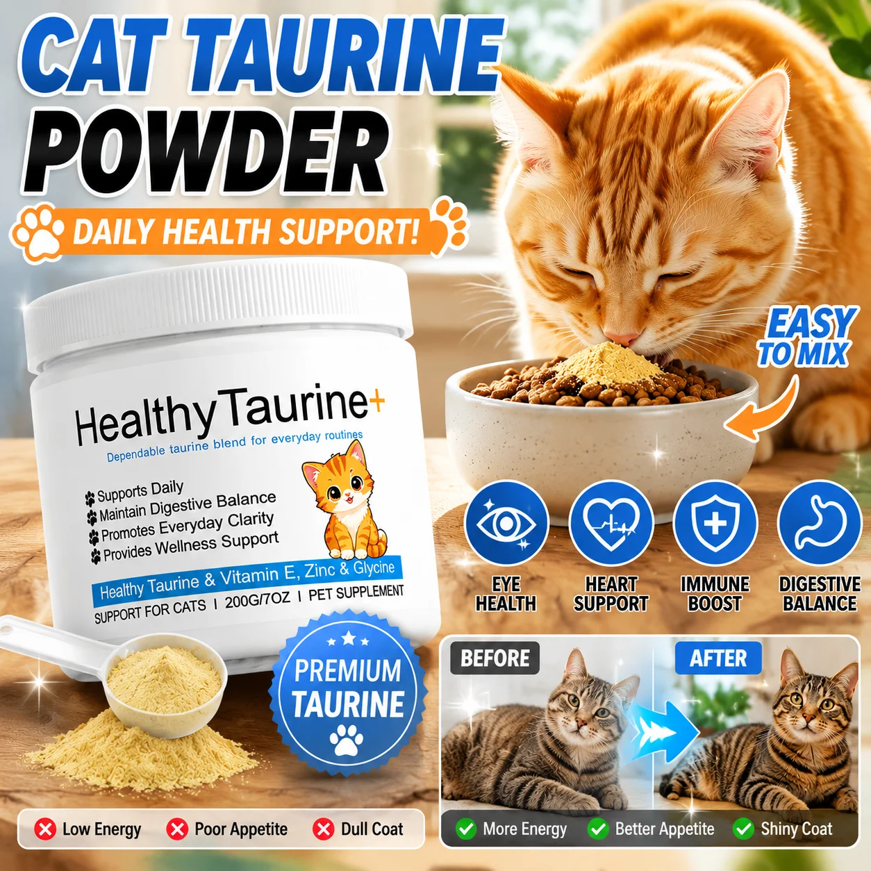 Cat Healthy Taurine Powder with Vitamin E Daily Digestive Balance Maintenance Water Soluble Pet 1005012517449674