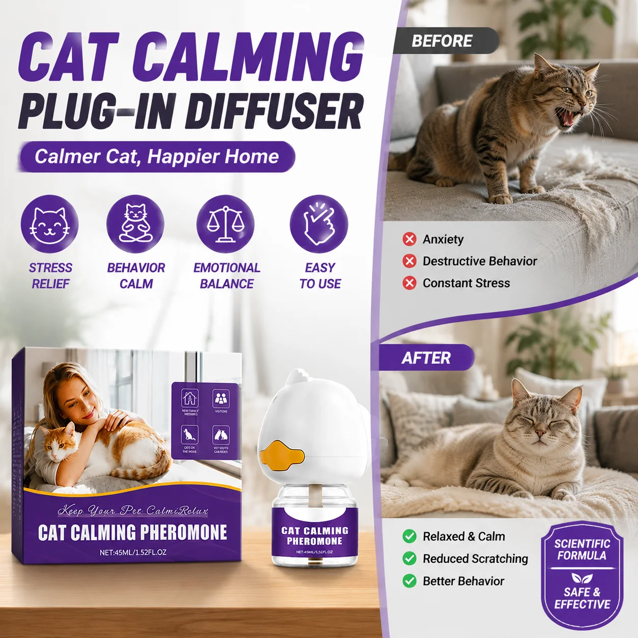 Pet Cat Calming Pheromone Diffuser Plug in Reduce Stress Fear Separation Anxiety Anti-Destructive 1005012520196856