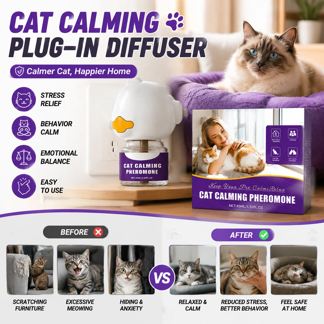 Cat Calming Pheromone Set 45ml Plug-In Stress Relief Anti-Anxiety Calm Scratching Hiding Pet 1005012520412014