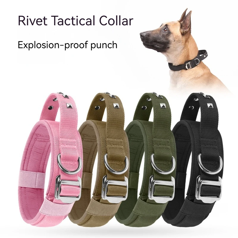 Tactical Riveted Dog Collar Heavy Duty Adjustable Padded Nylon Metal D Ring for Large Dogs Anti 1005012521394840