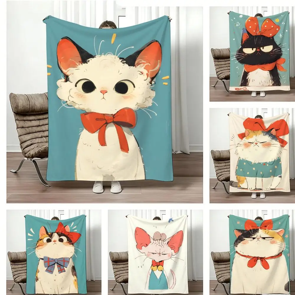 Illustration B-Bow Tie Cats Throw Lightweight 240g Flannel Blanket Soft Skin-Friendly for Summer 1005012523824787