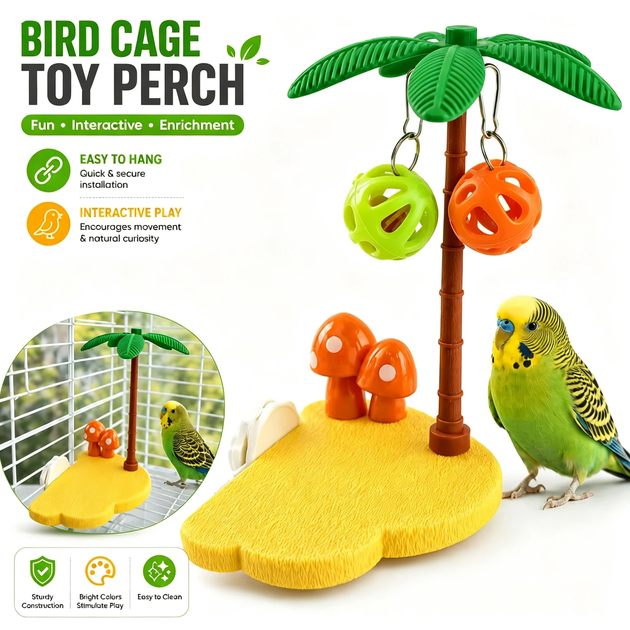 Tropical Bird Perch Platform Bell Ball Palm Tree Interactive Toy Budgie Cockatiel Enrichment 1005012526475098