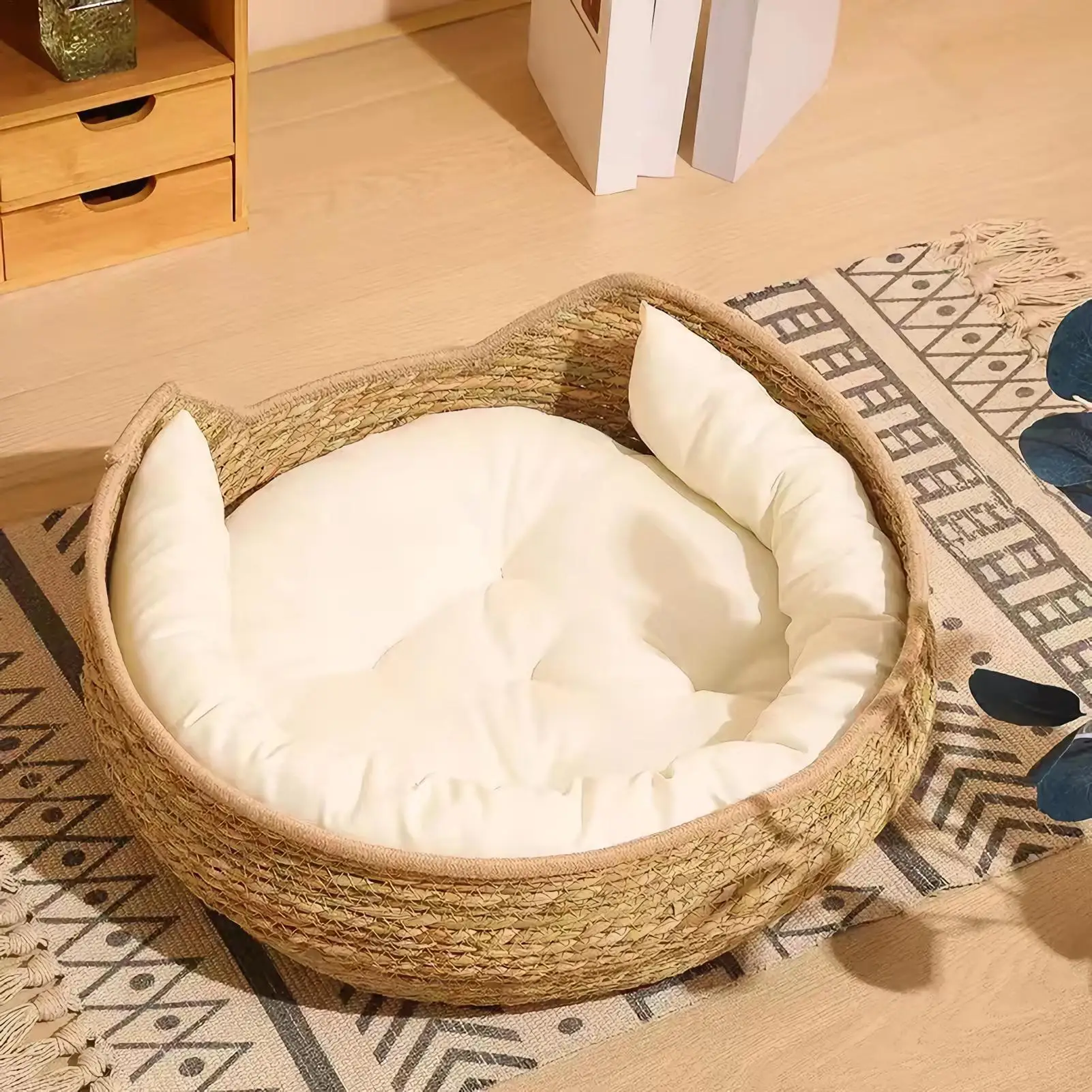 Cat Nest Cotton Rope Woven All Season Soft Pet Cave Round Sleeping Bed with Pillow for Kitten 1005012539738287