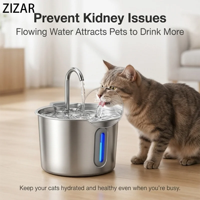 Automatic Cat Water Fountain Round Stainless Steel Pet Water Feeder Dog With (2.2L) 1005012545415655
