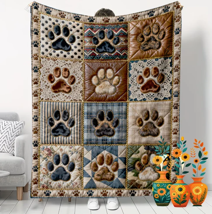 Vintage Multi-Style Dog Paw Flat2d Digital Print Flannel Throw Blanket, Soft, Warm 1005012549312969