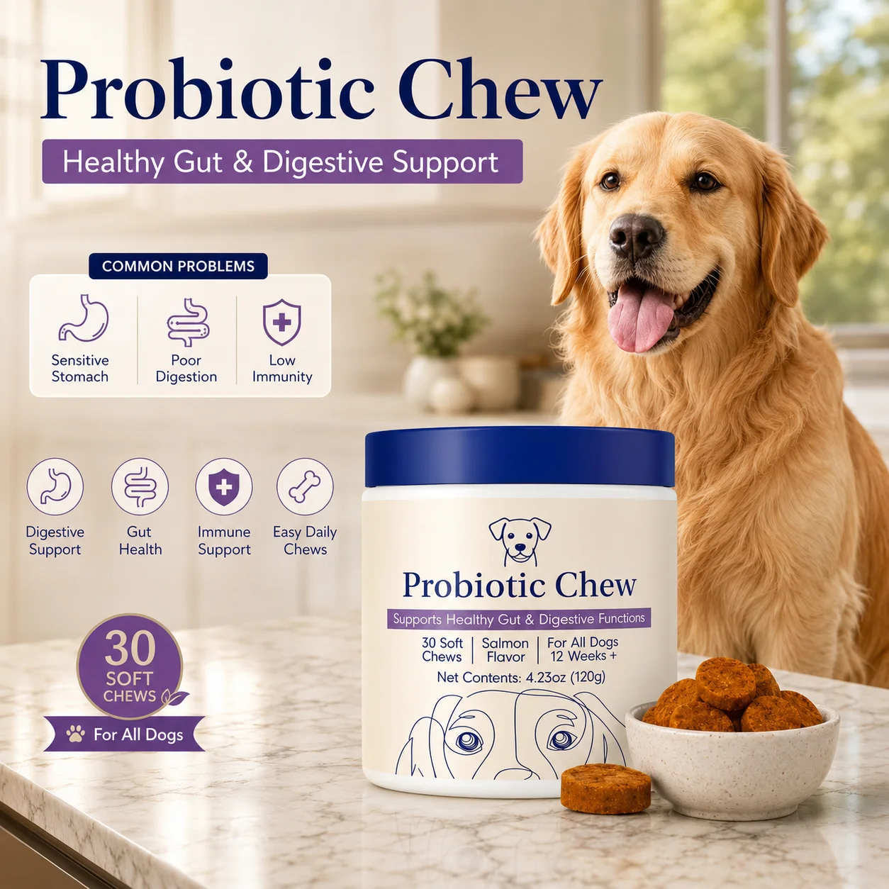 PETJOYCN Probiotic Dog Chews 120g Soft Salmon Flavored Treats Support Digestive Health Gut Immune 1005012551649648