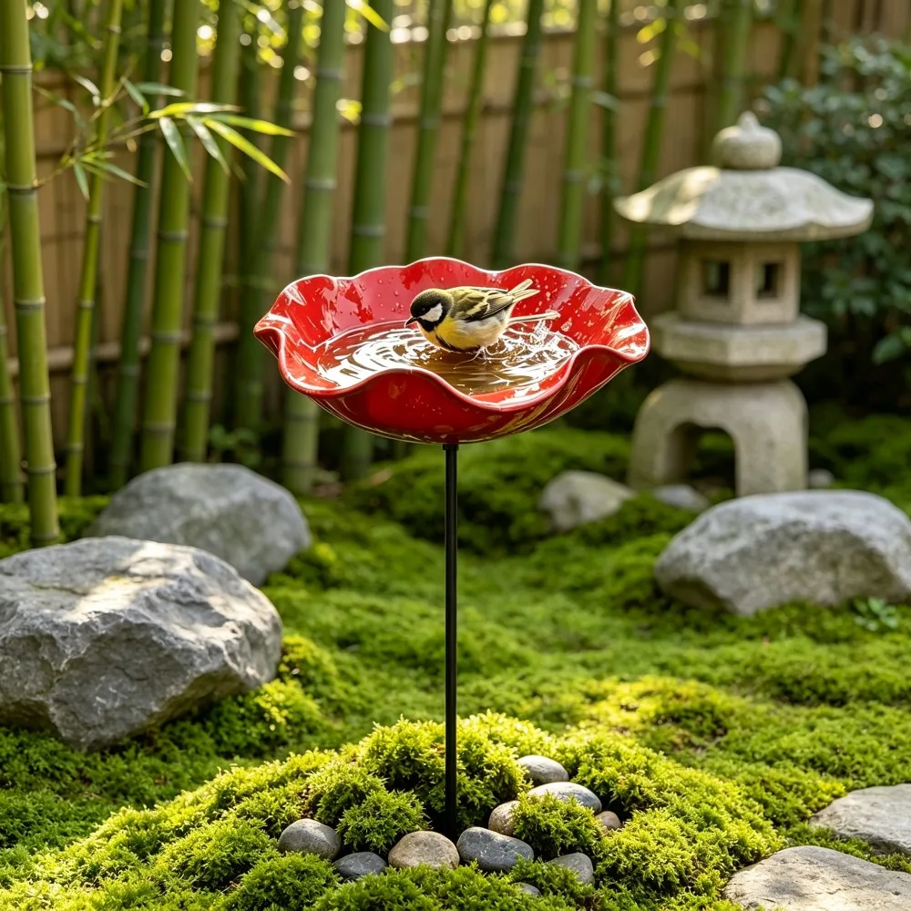 Bird Bath Flower Shaped Metal Birdbath with Ground Stake Water Feeder Bowl for Outdoor Garden 1005012552260842