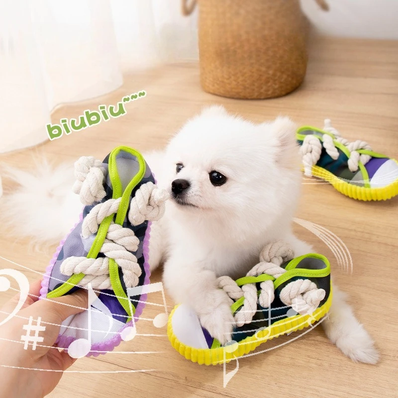 Dog Chewing Toy Squeaky Bite Resistant Puppy Chew Toy Teeth Grinding Canvas Shoes Knot Cotton Rope 1005012560252499