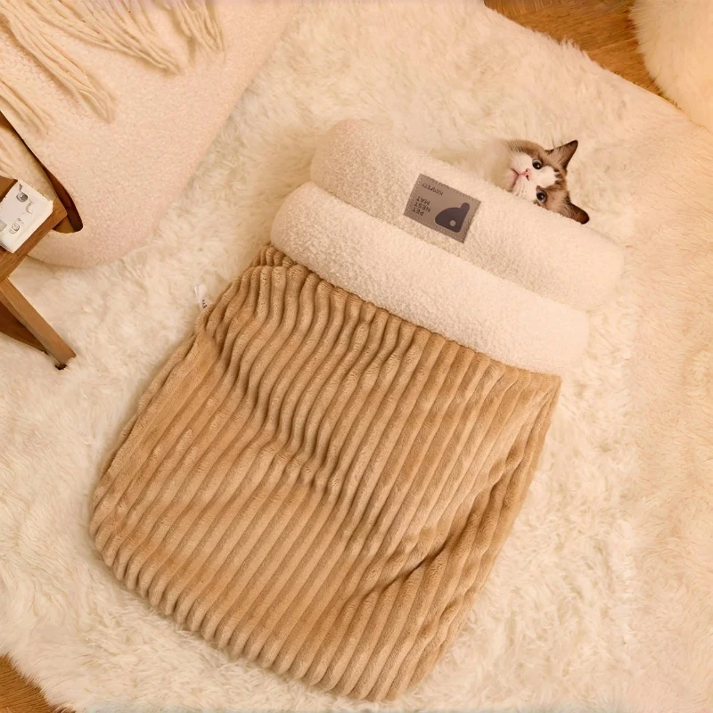 Cozy Burrow Bed: Thermal Winter Cat Cave with Enclosed Sleeping Bag Design 1005012575578033