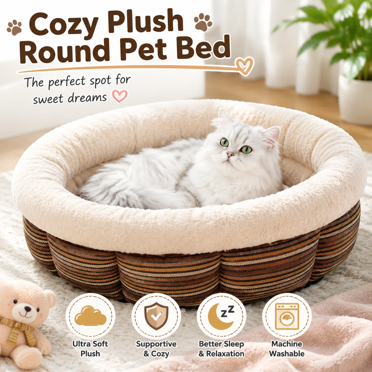 Round Pet Bed for Cats & Dogs Soft Plush Winter Warm Sofa Bed Washable Non-Slip Deep Sleep Kennel 1005012580621670