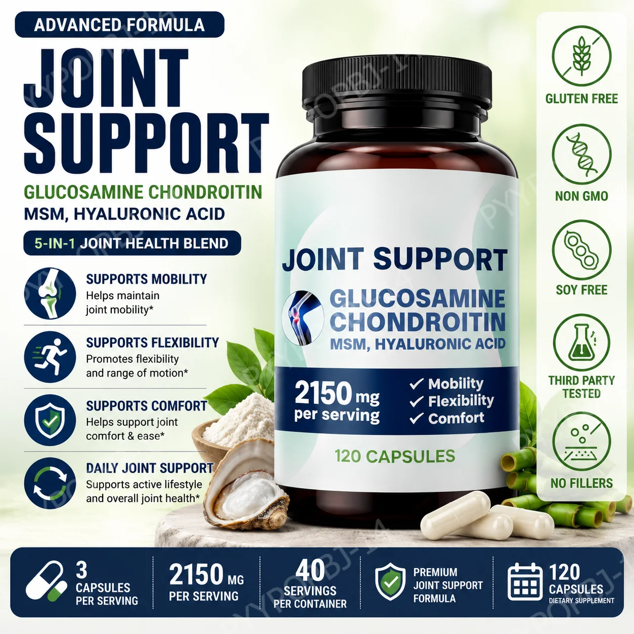 Joint Support Supplement Glucosamine Chondroitin MSM Hyaluronic Acid 2150mg Mobility Flexibility 1005012583137739