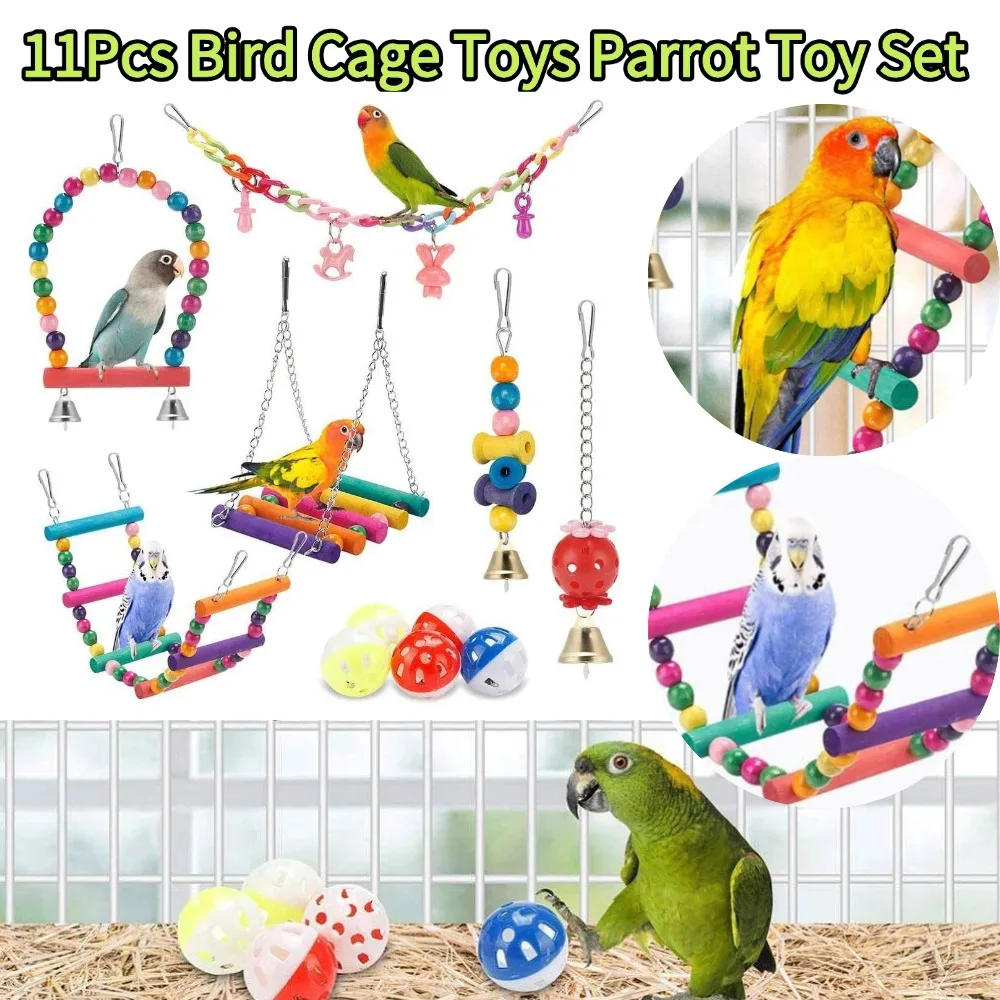 Parrot Toy Set Bird Cage Toys Wood Birds Swing Chewable Bite Bridge Wooden Beads Hanging Bell (11Pcs) 1005012595264175