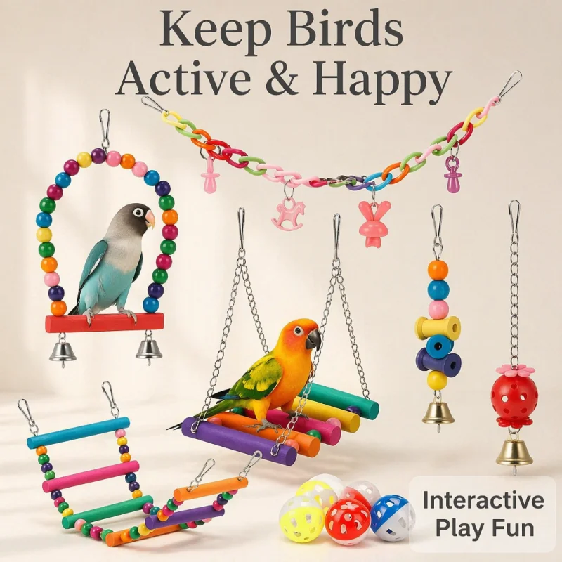 Bird Toys 11pcs Parrot Set Bird Cage Accessories with Swing Ladder Chewing Beads Bell Toys 1005012681234661