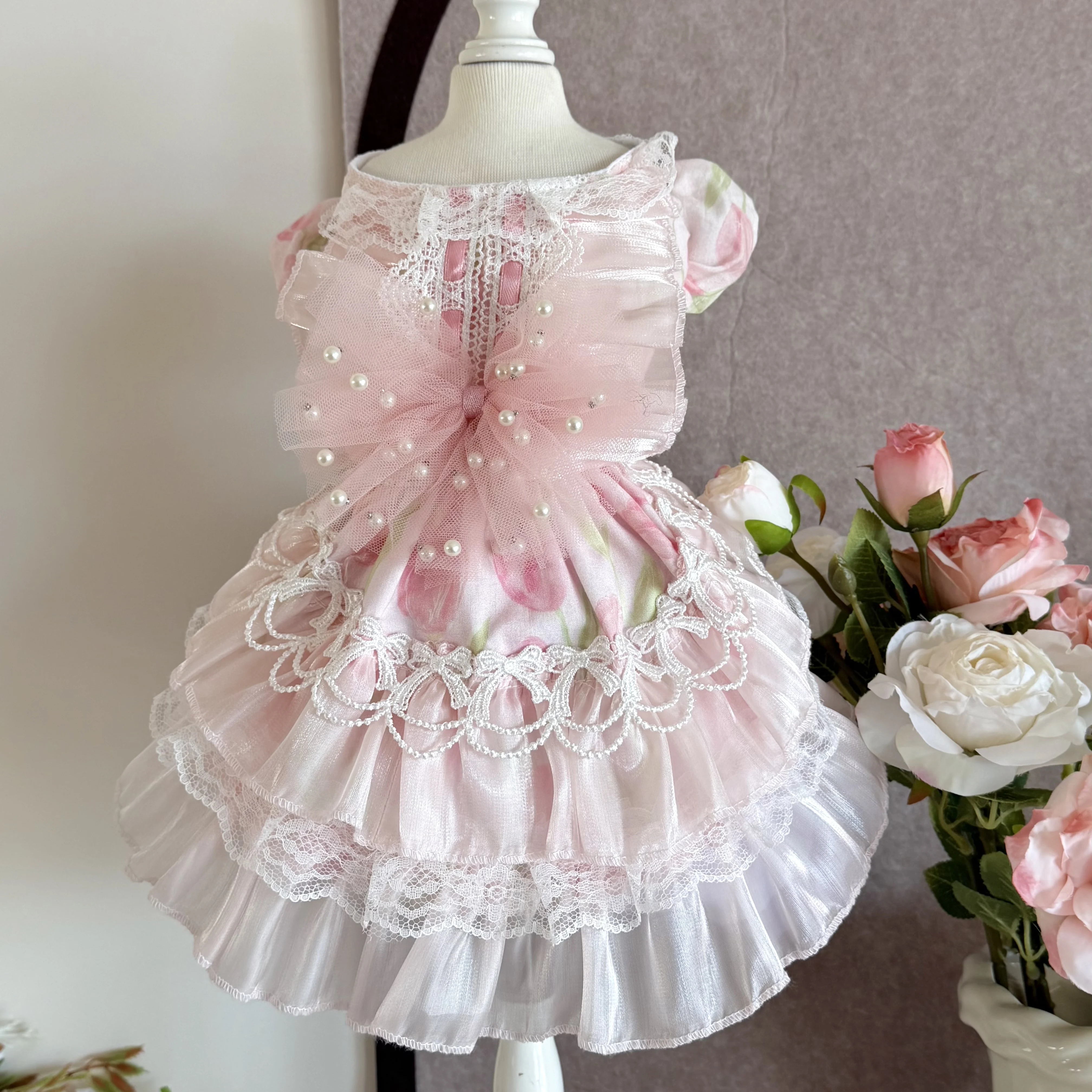 Handmade Flower Print Dog Dress with Pearl Lace Bow 1005012724786365