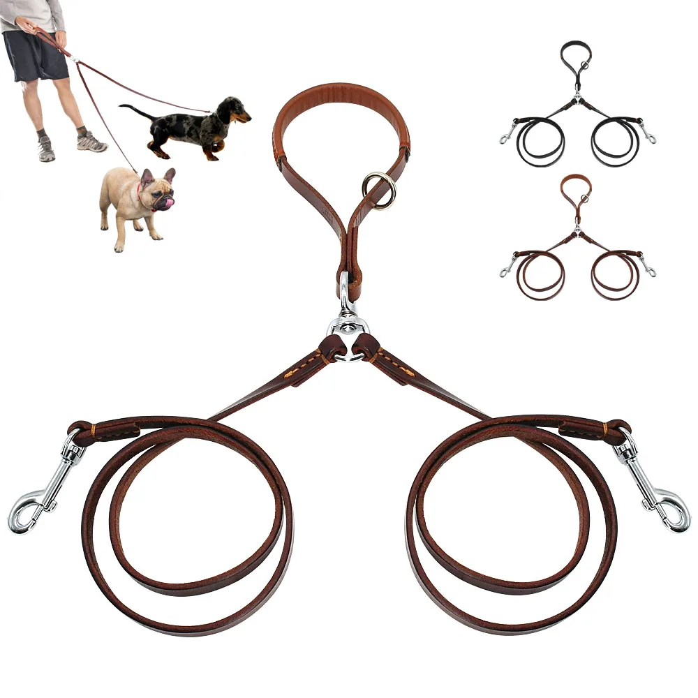 Ways Dog Leash Double Two Pet Leather Leads Notangle Coupler with Handle for Walking and Training 32833475927