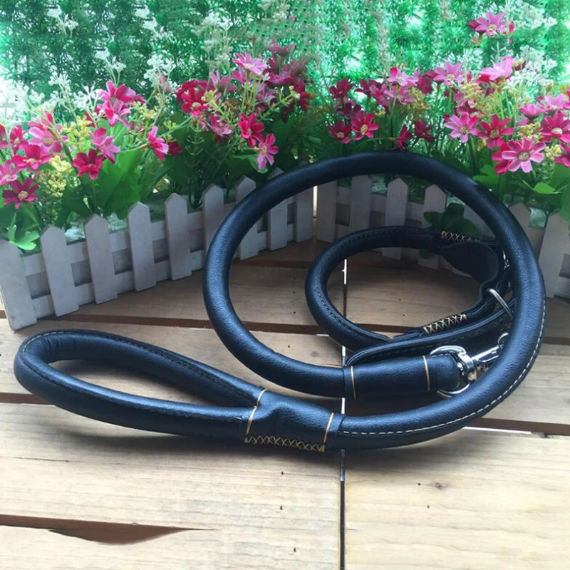 Medium Large Dog Real Leather Collar+leash Round Strong Firm Leash Set Dog Pet Collar 32844716146
