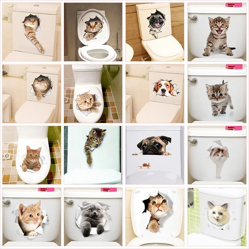 Cute Cat Dog Toilet Stickers Home Decoration Diy Funny Cartoon Animal Wc Mural Art Vivid 3d Kitten 32893369438