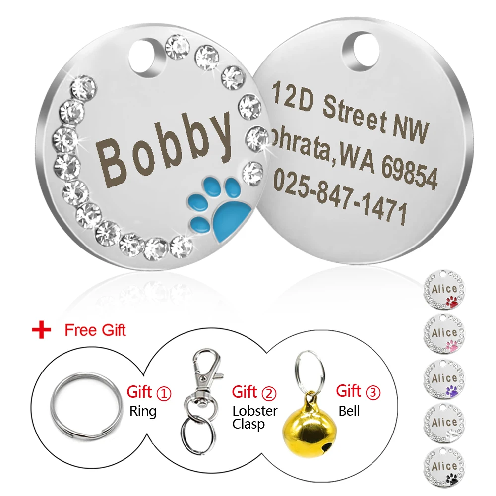 Dog ID Tag Customized Engraved Crystal Metal Pet Tags Small Large Rhinestone Collar Accessories 32955685017