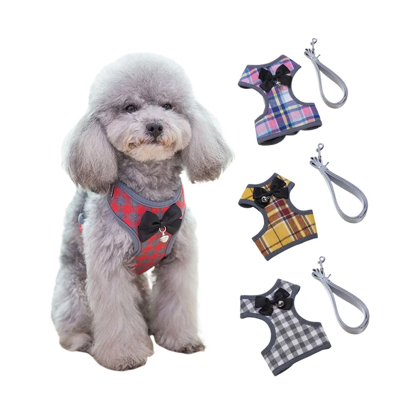 Plaid Dog Harness and Leash Set Pet Cat Vest Harness with Bowknot Mesh Padded for Small Puppy Dogs 32988006763