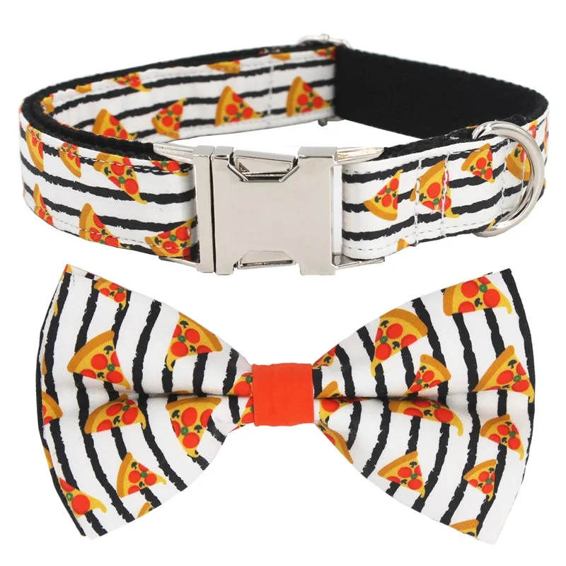 Popular Pizza Pattern Dog Collar and Leash with Bow Tie for Big and Small Dog Cotton Fabric Collar 33002994429