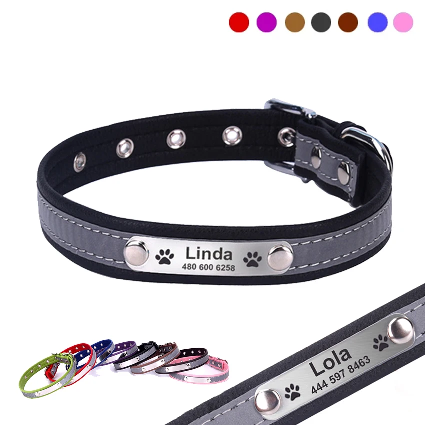 Personalized Dog Collar Leather Reflective Cat Collar Custom Engraved ID Tag Engraved for Puppy 4000135272941