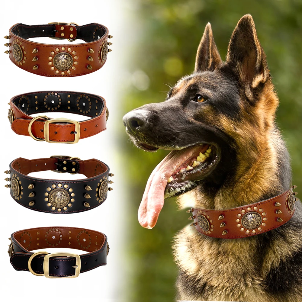Cool Pet Dog Collar Leather Dog Collars Adjustable Spiked Studded Big for Medium Large 4000258930471
