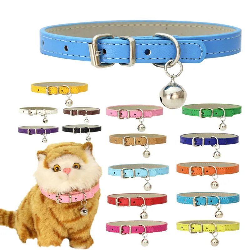Cute Cat Collar Solid Faux Leather Adjustable Pet Collars with Bells Cats Products for Pets Dog 4000325129468