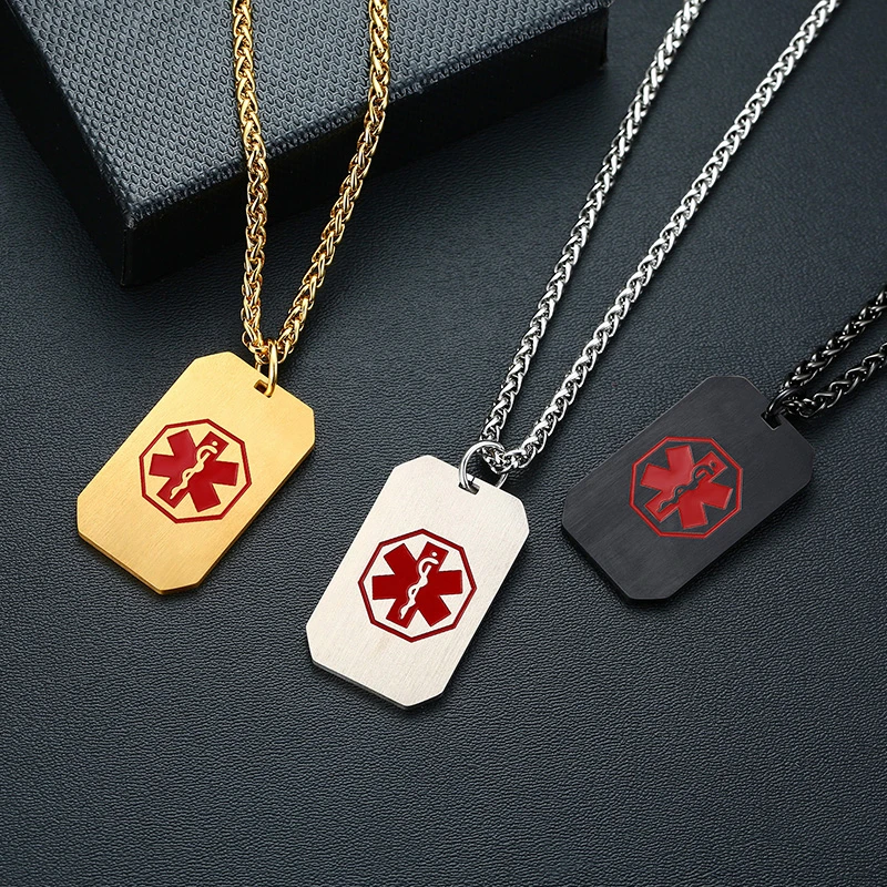 Red Medical Alert ID Dog Tag Necklaces Personalized Free Custom Engraved Heart Pendant Emergency 4000460862056